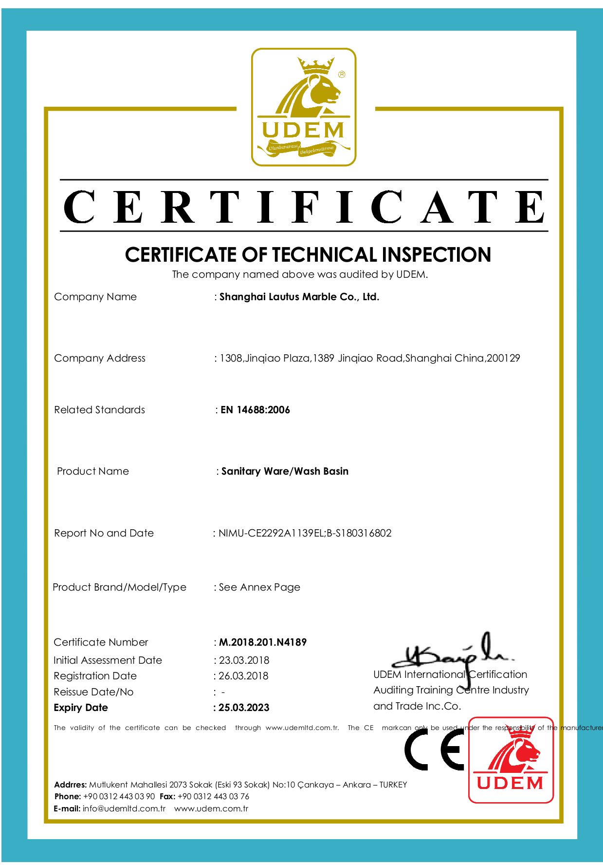 stone basin CE certificate